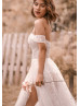 Off Shoulder Beaded Ivory Lace Tulle Side Split Wedding Dress